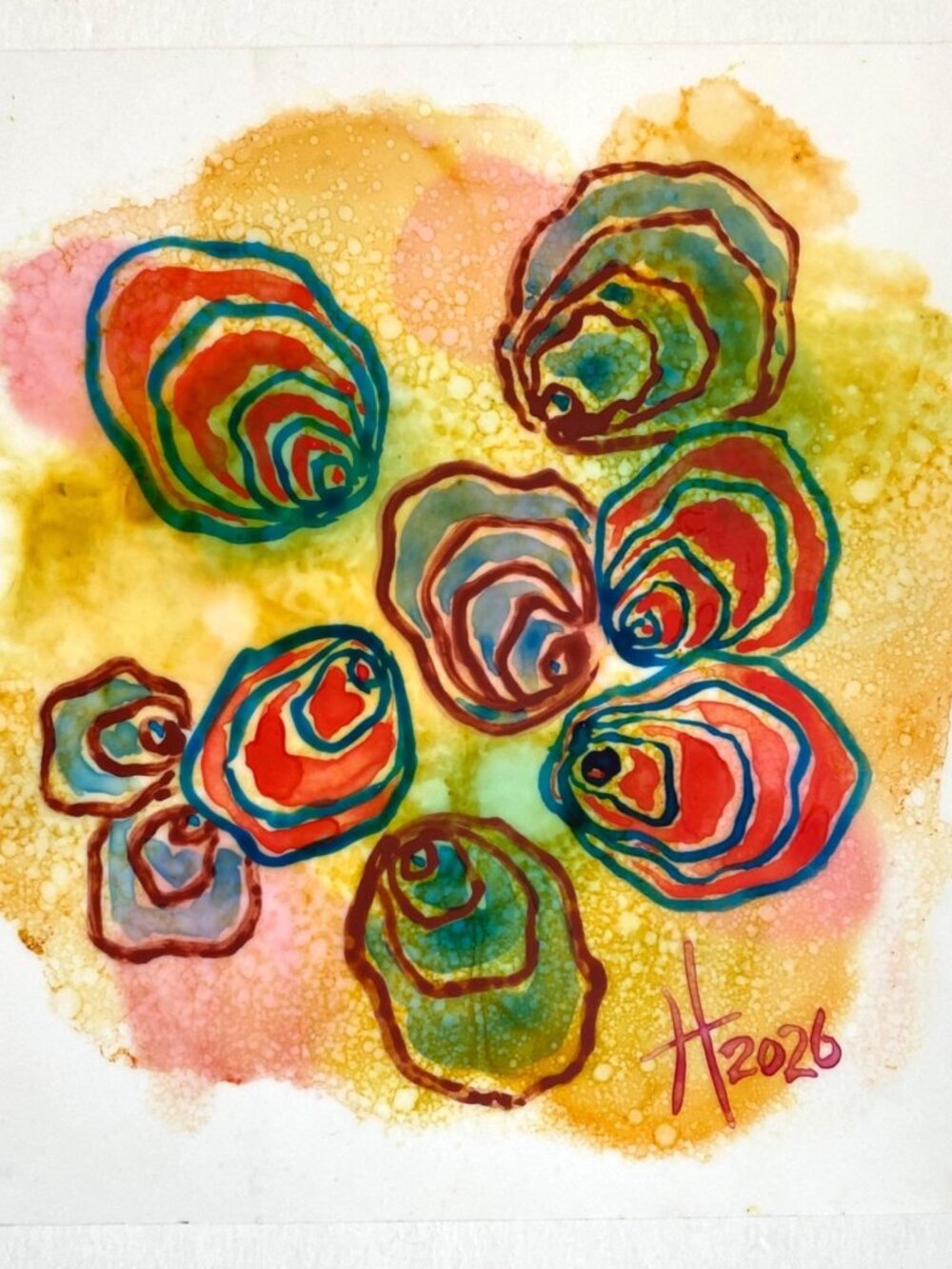 Gathering Original Alcohol Ink Watercolor Painting White Mat 8x8in Frame Ready